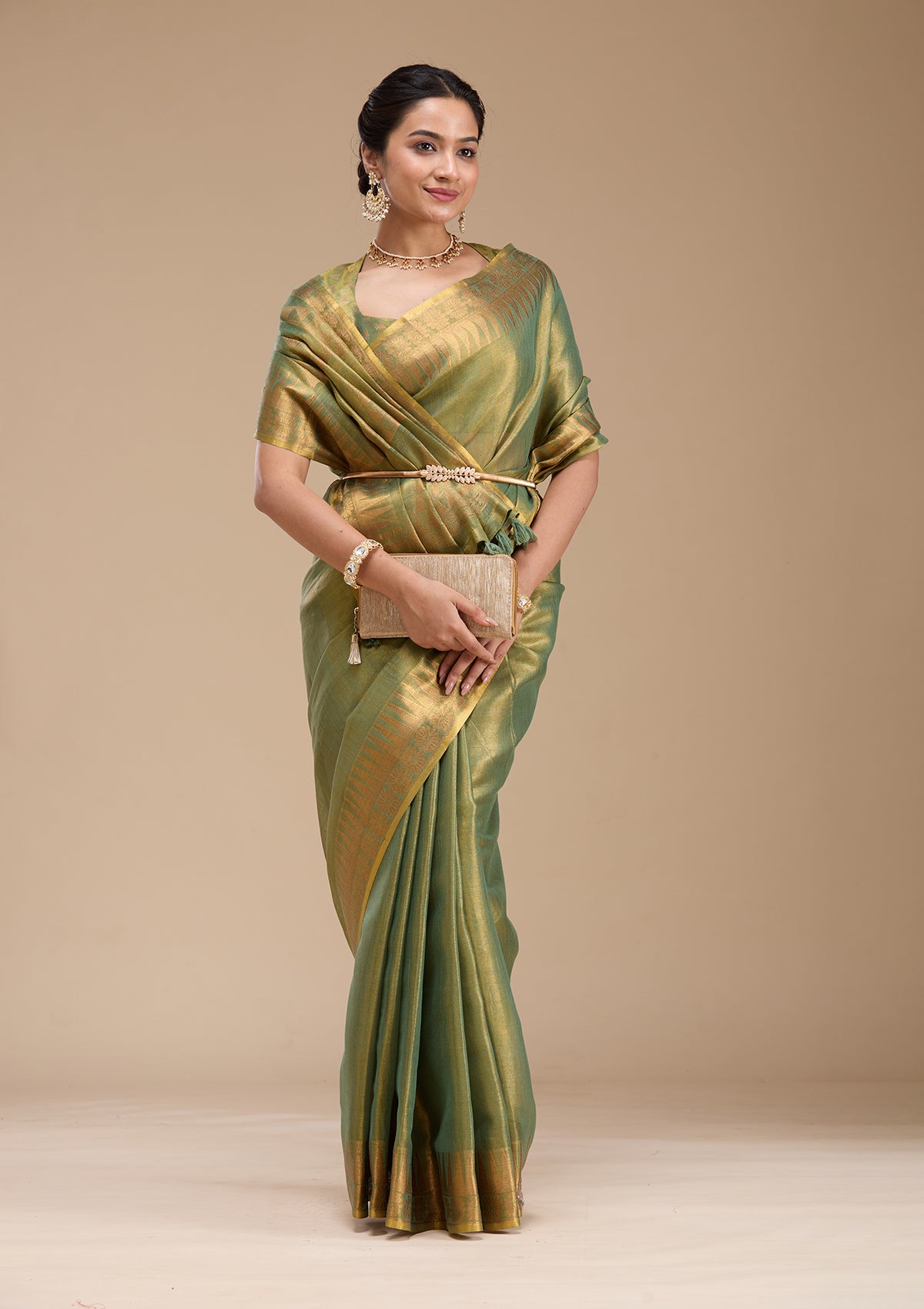 Mehendi Printed Linen Silk_Saree-koskii