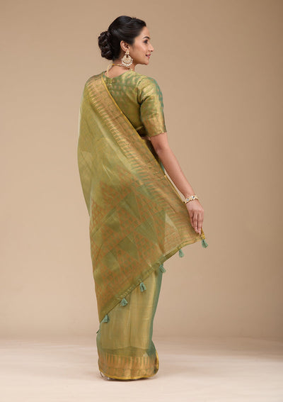 Mehendi Printed Linen Silk_Saree-koskii