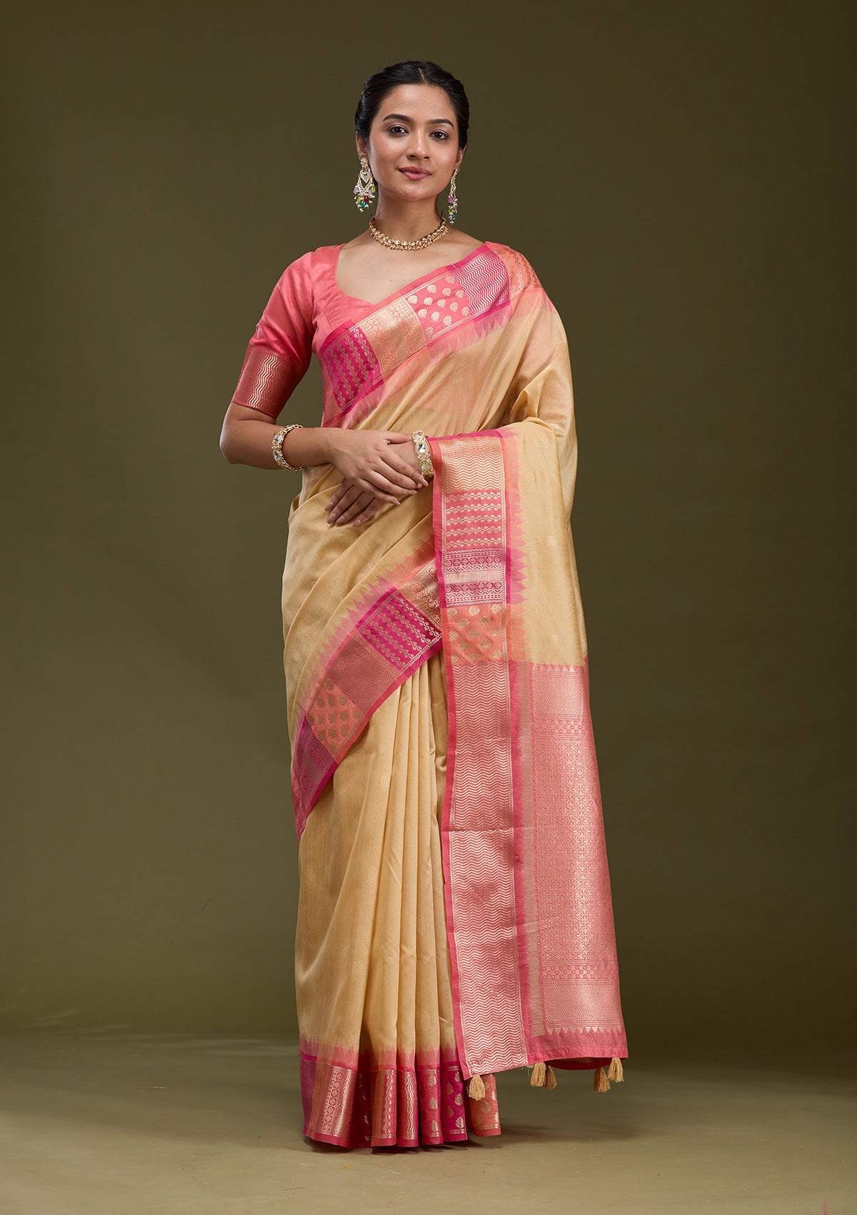 Beige Printed Art Silk Silk_Saree-koskii