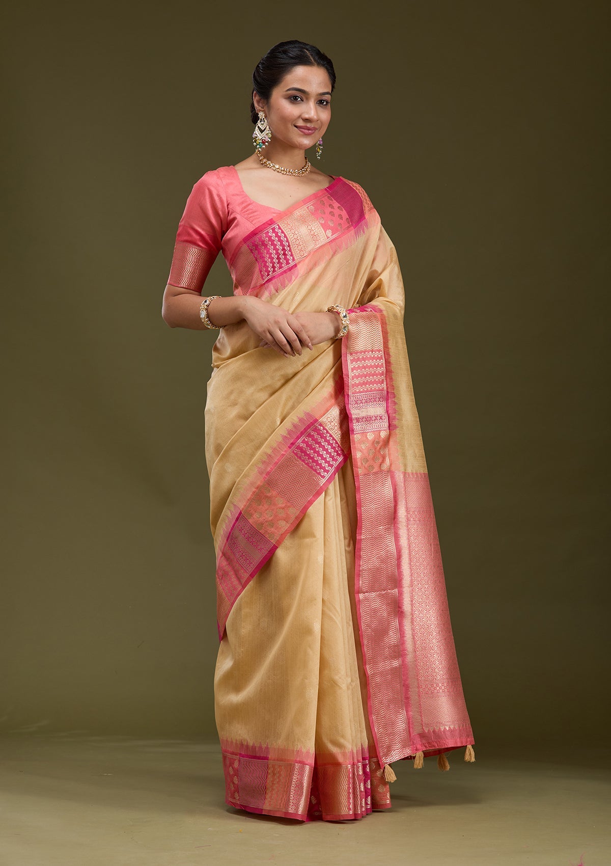 Beige Printed Art Silk Silk_Saree-koskii