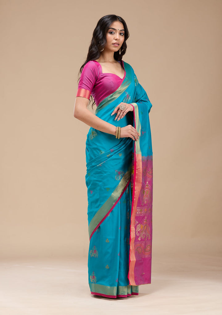 Turquoise Blue Paithani Silk Saree-koskii