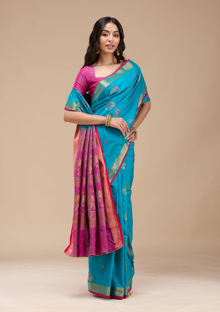 Turquoise Blue Paithani Silk Saree-koskii