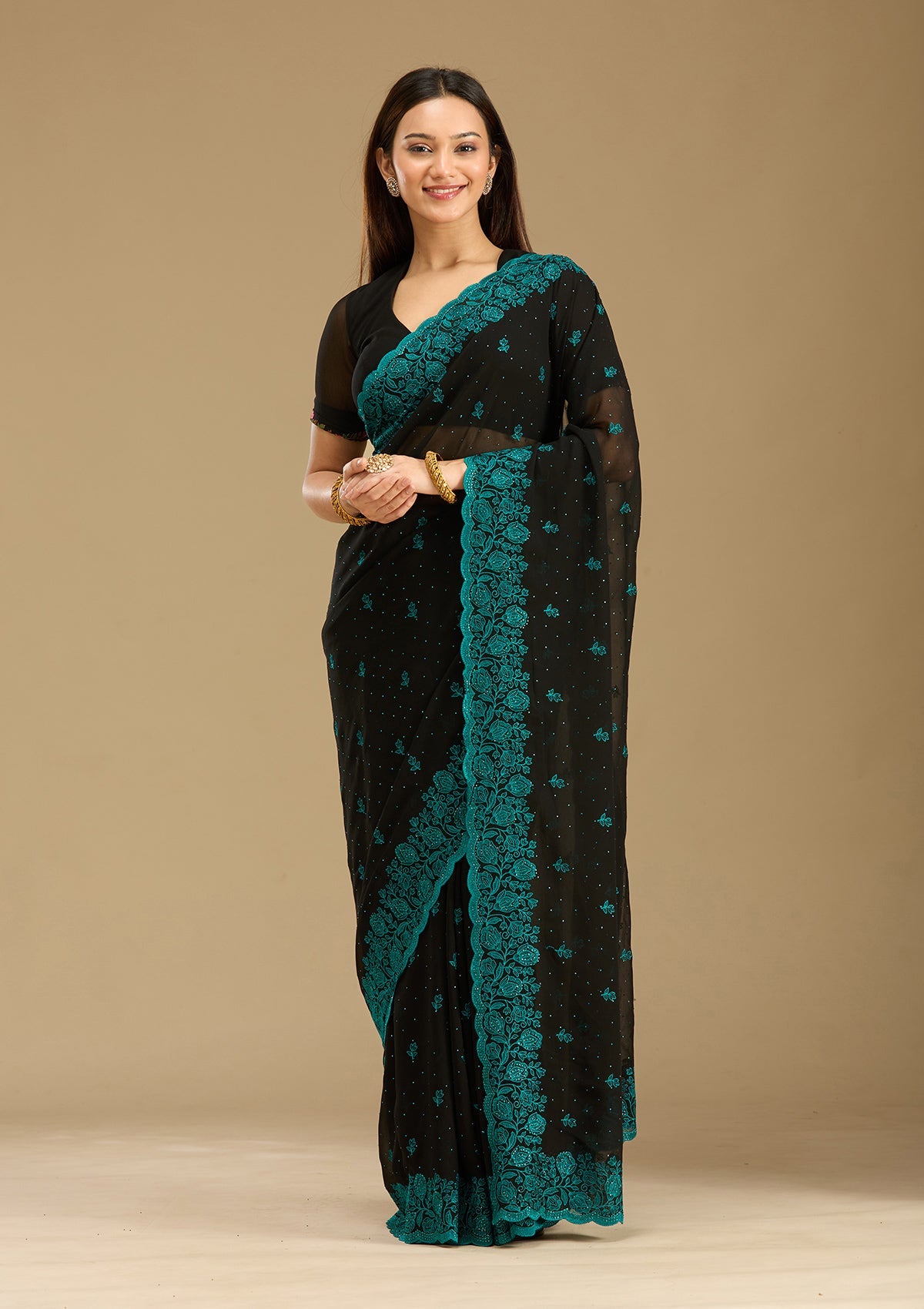 Black Threadwork Georgette Saree-Koskii