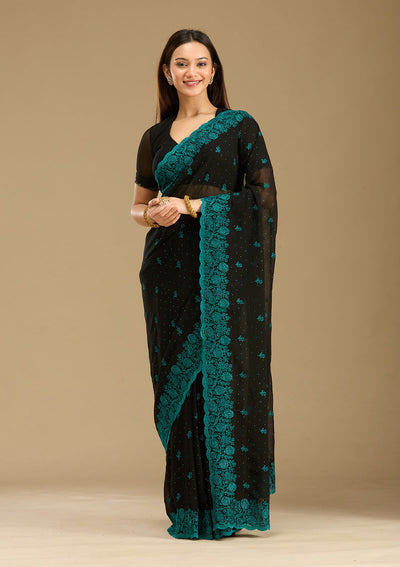 Black Threadwork Georgette Saree-Koskii
