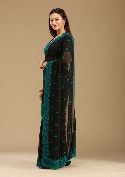 Black Threadwork Georgette Saree-Koskii