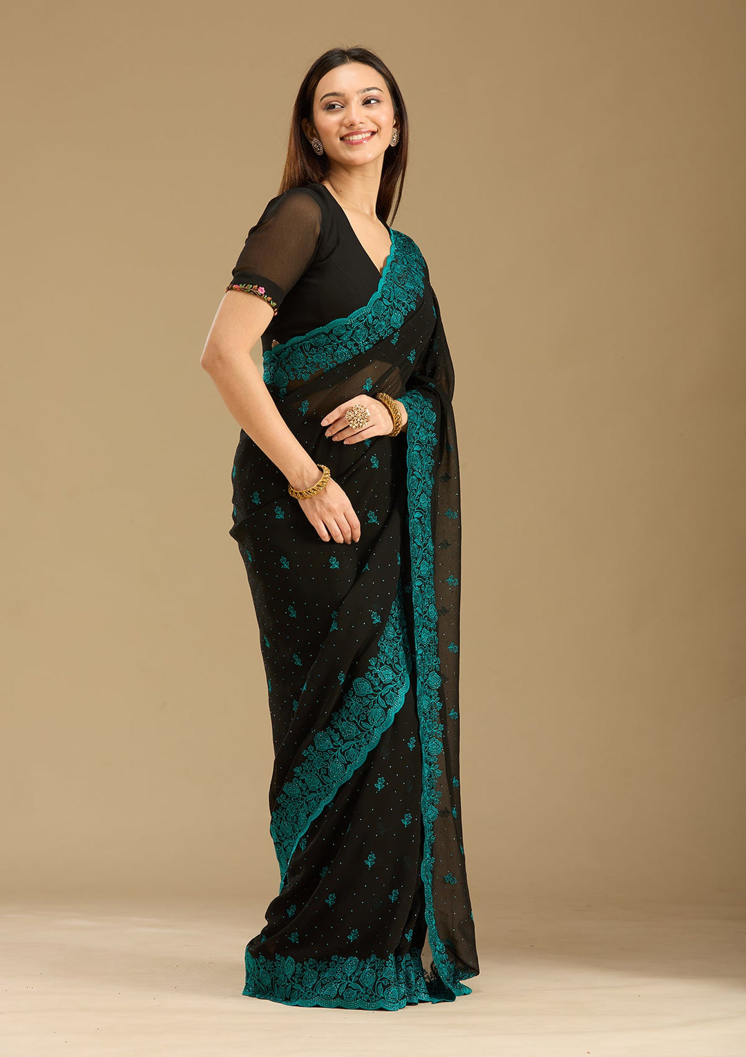 Black Threadwork Georgette Saree-Koskii