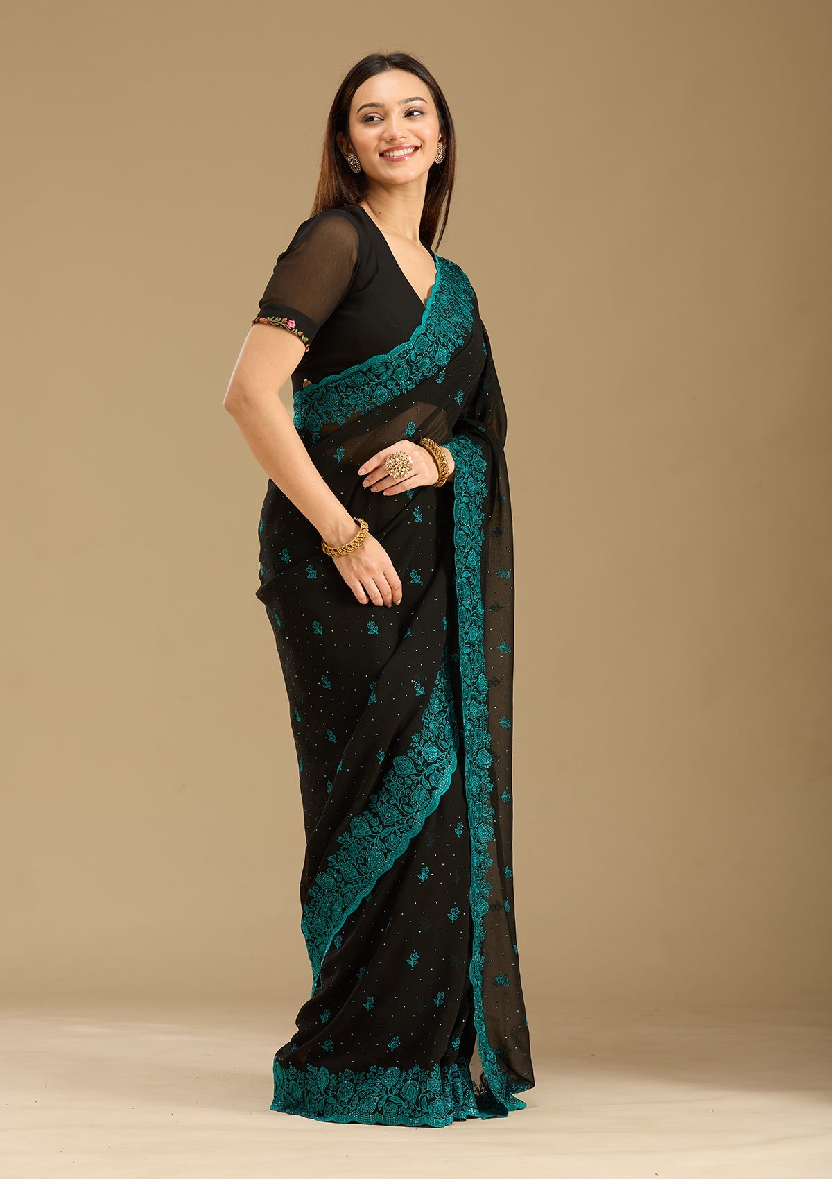 Black Threadwork Georgette Saree-Koskii