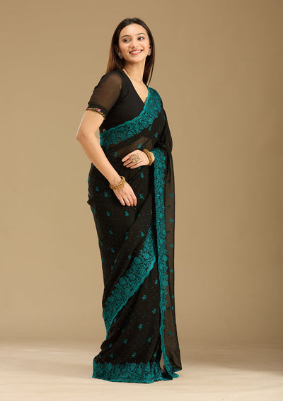 Black Threadwork Georgette Saree-Koskii