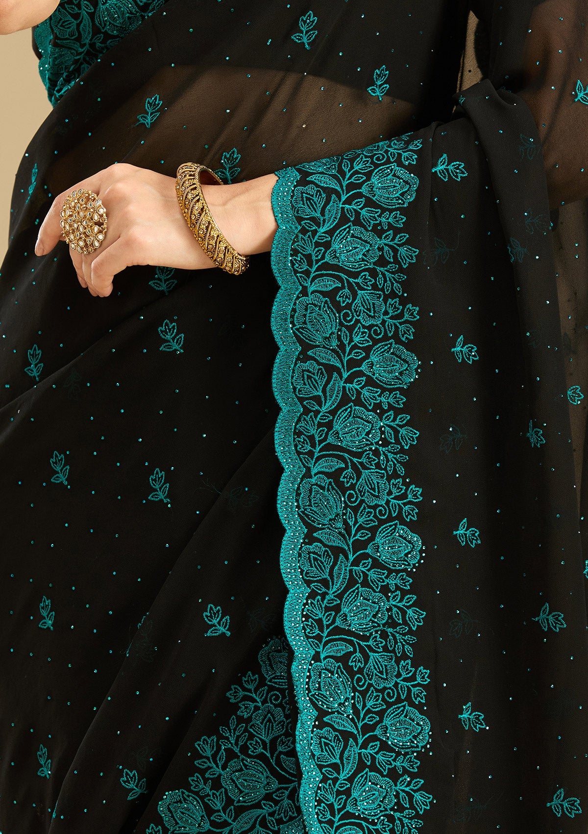 Black Threadwork Georgette Saree-Koskii
