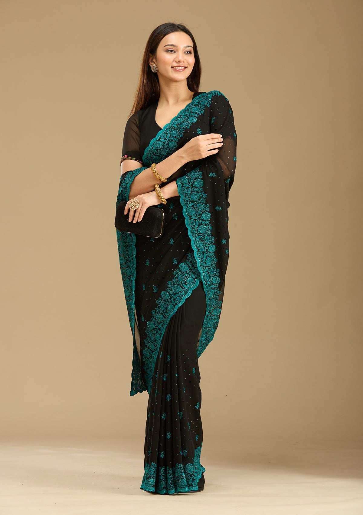 Black Threadwork Georgette Saree-Koskii