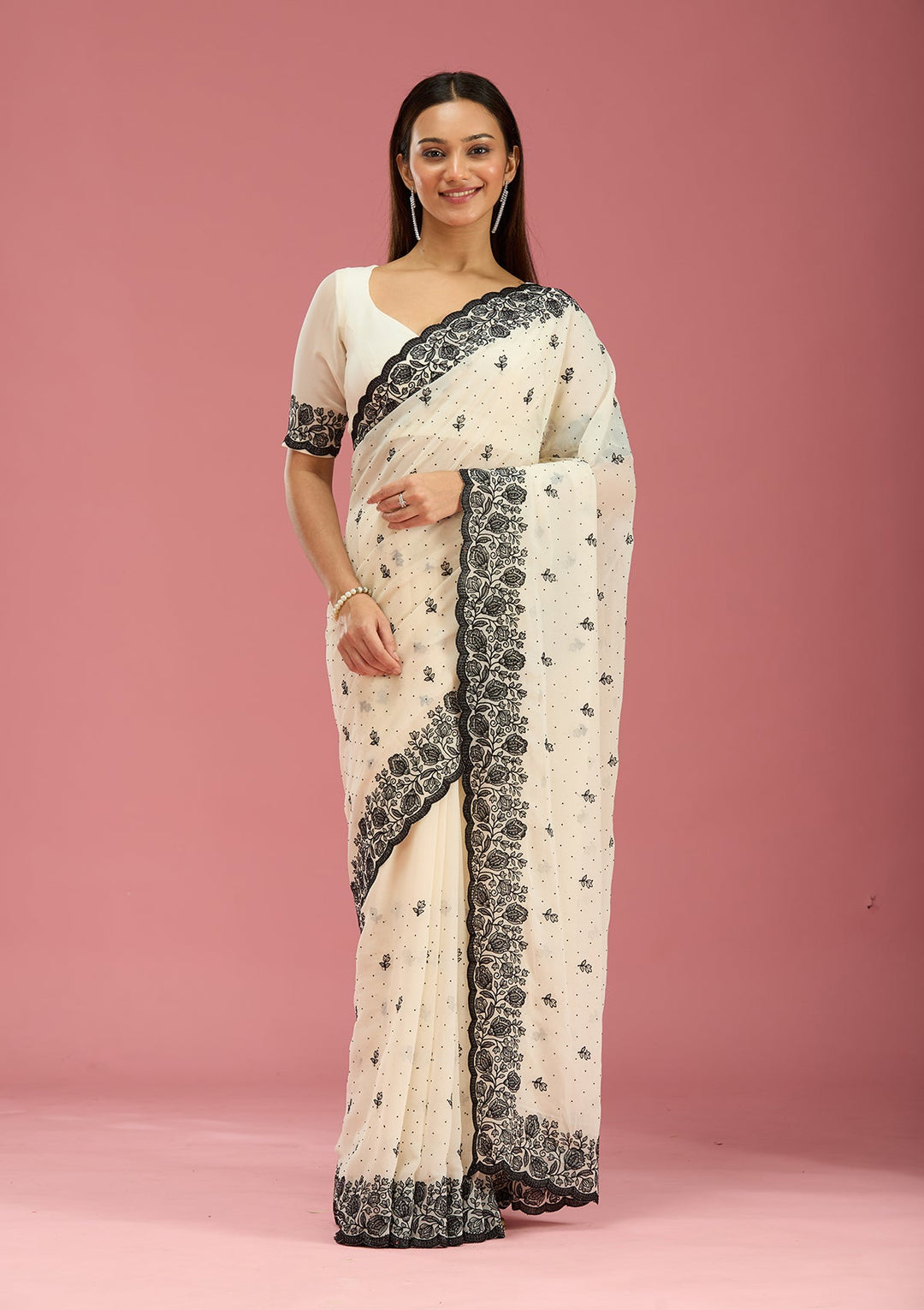 Cream Threadwork Georgette Saree-Koskii