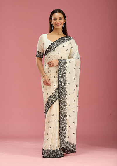 Cream Threadwork Georgette Saree-Koskii