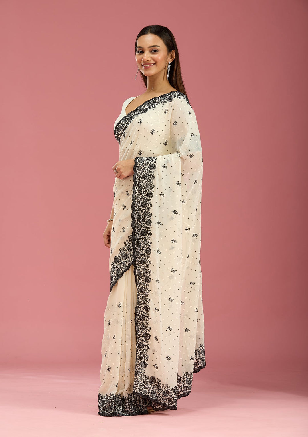 Cream Threadwork Georgette Saree-Koskii