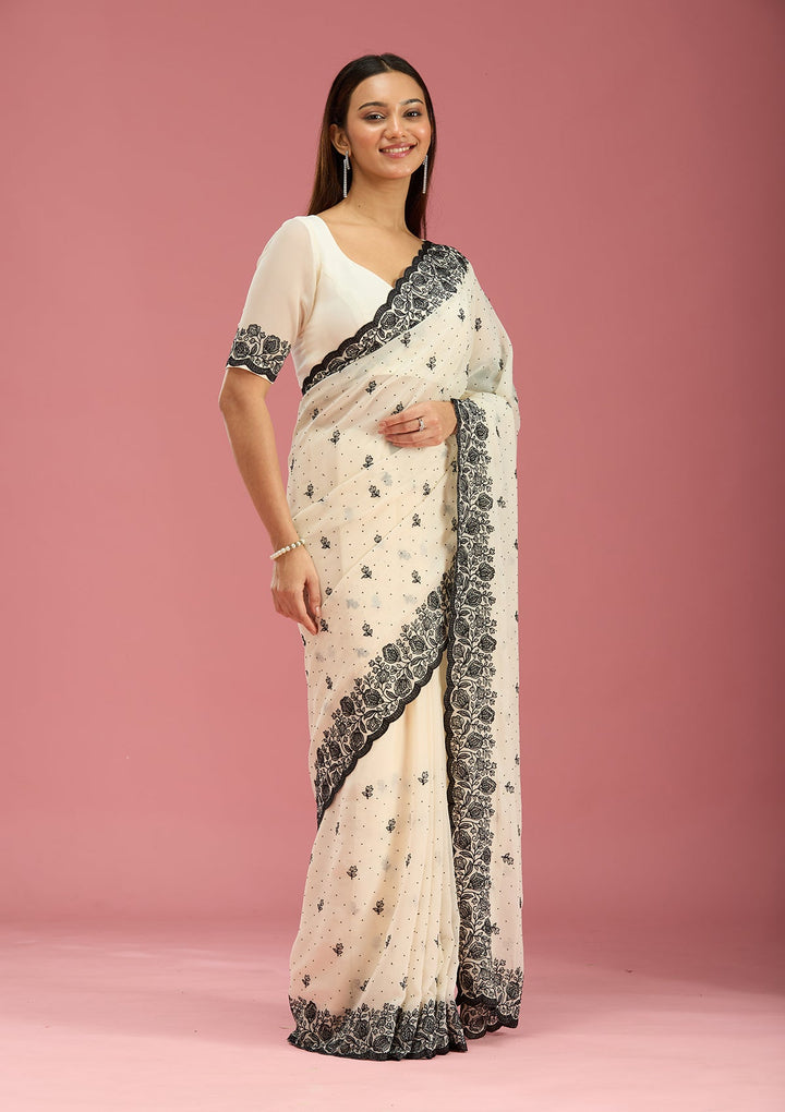 Cream Threadwork Georgette Saree-Koskii