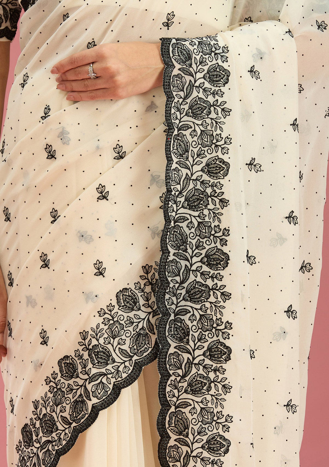 Cream Threadwork Georgette Saree-Koskii