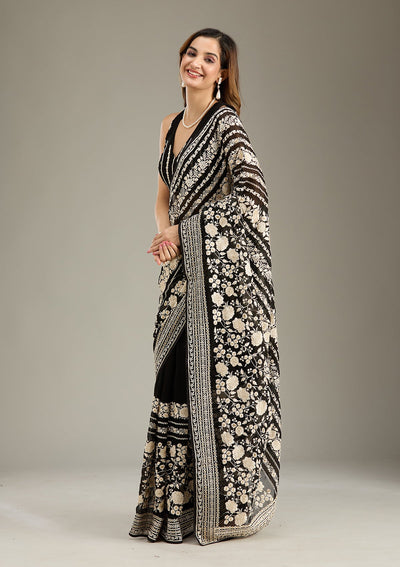 Black Threadwork Georgette Saree-Koskii