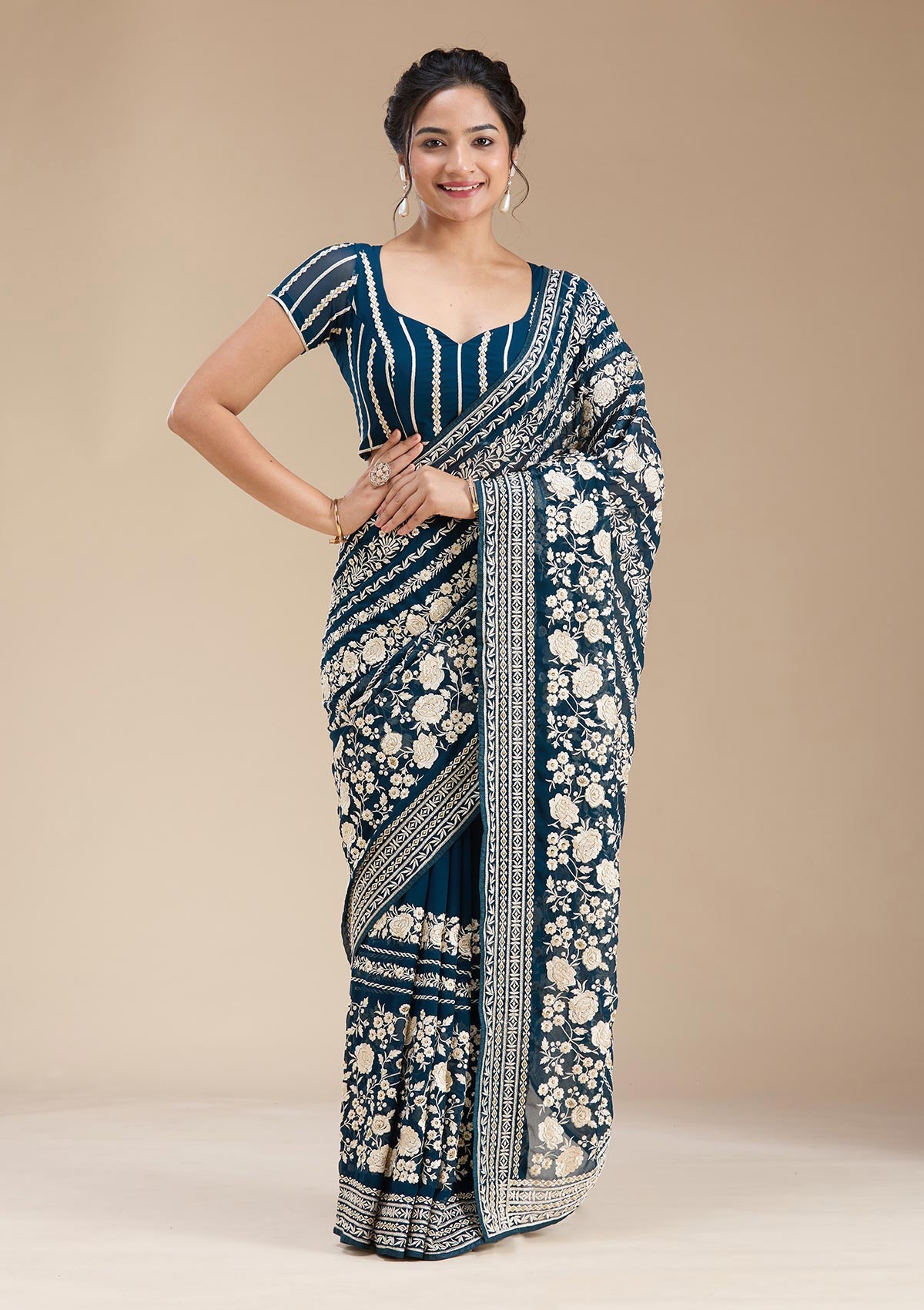 Peacock Blue Threadwork Georgette Saree-koskii