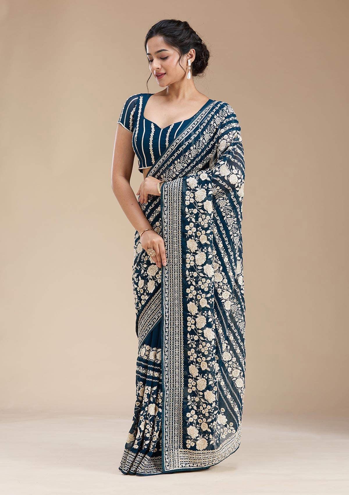 Peacock Blue Threadwork Georgette Saree-koskii