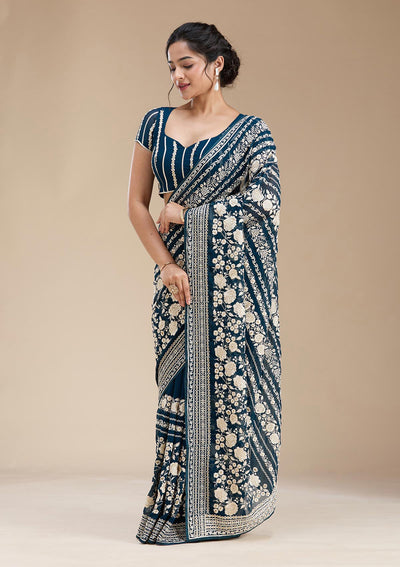 Peacock Blue Threadwork Georgette Saree-koskii