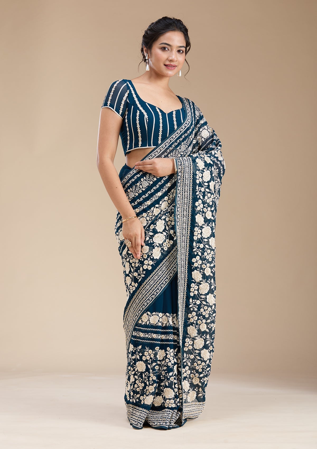 Peacock Blue Threadwork Georgette Saree-koskii