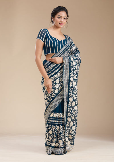 Peacock Blue Threadwork Georgette Saree-koskii