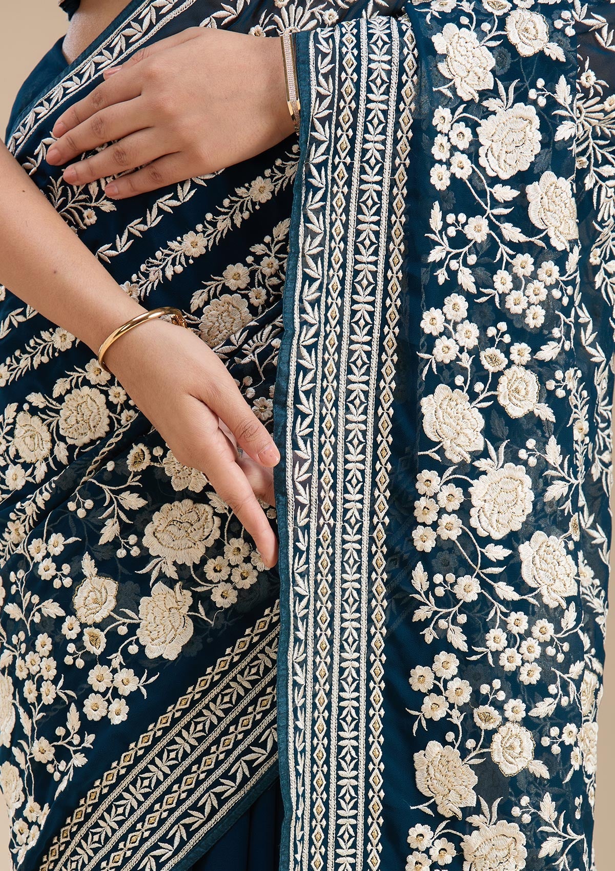 Peacock Blue Threadwork Georgette Saree-koskii