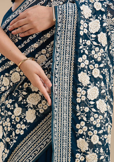 Peacock Blue Threadwork Georgette Saree-koskii