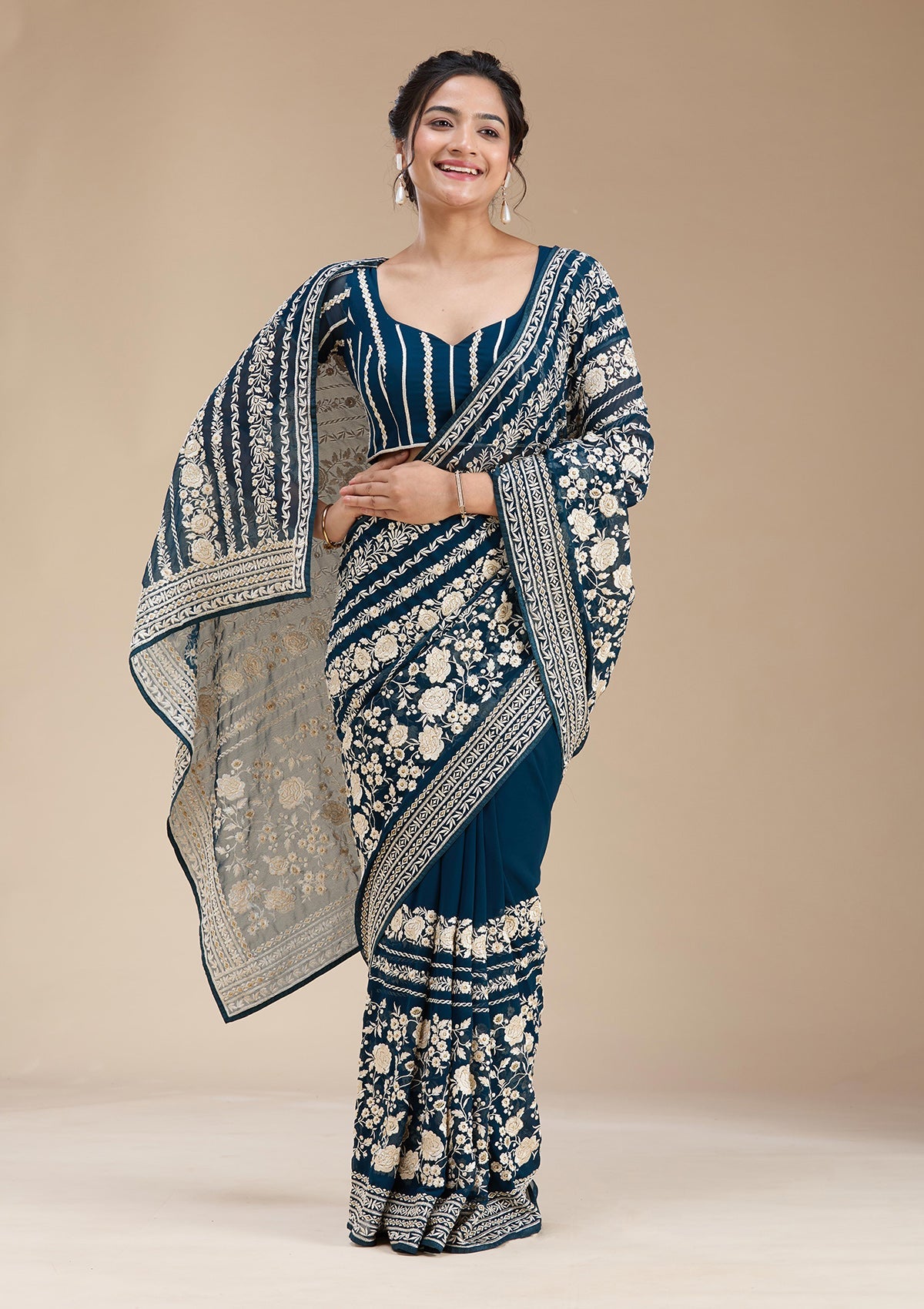 Peacock Blue Threadwork Georgette Saree-koskii