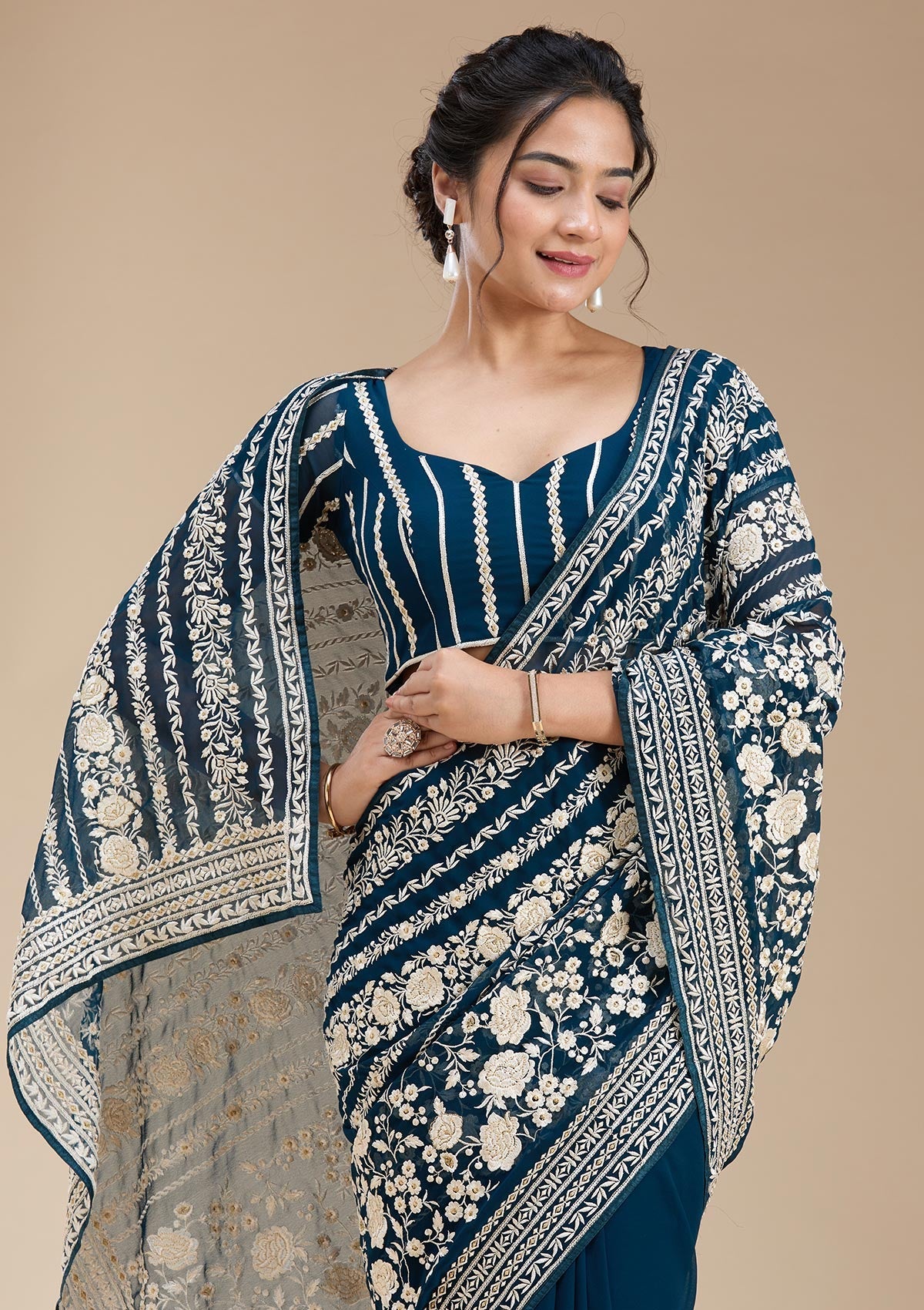 Peacock Blue Threadwork Georgette Saree-koskii
