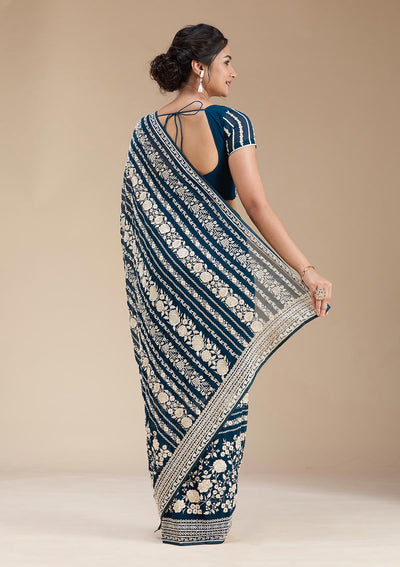 Peacock Blue Threadwork Georgette Saree-koskii