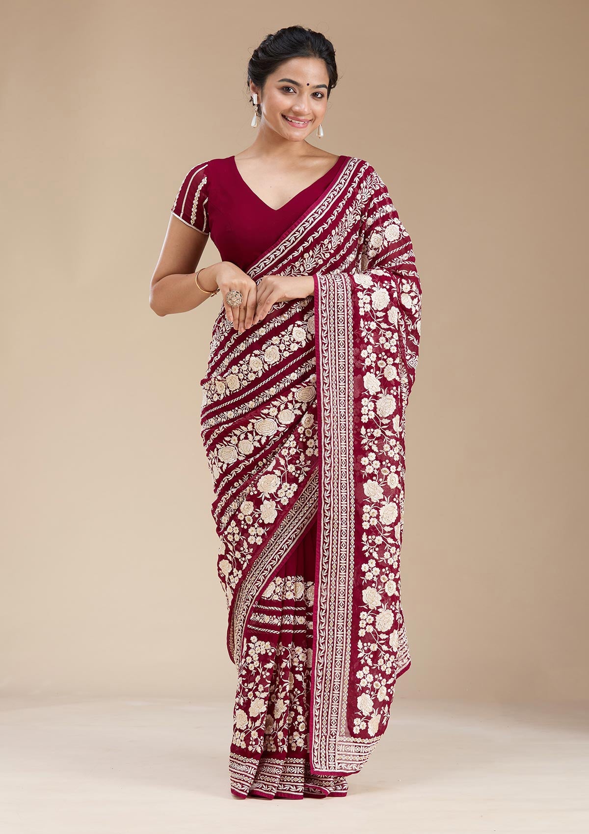 Wine Threadwork Georgette Saree-koskii