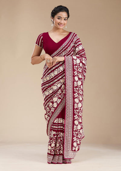 Wine Threadwork Georgette Saree-koskii