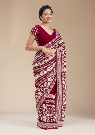 Wine Threadwork Georgette Saree-koskii