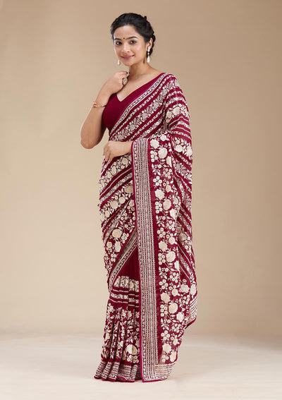 Wine Threadwork Georgette Saree-koskii