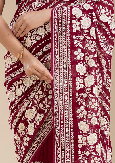 Wine Threadwork Georgette Saree-koskii