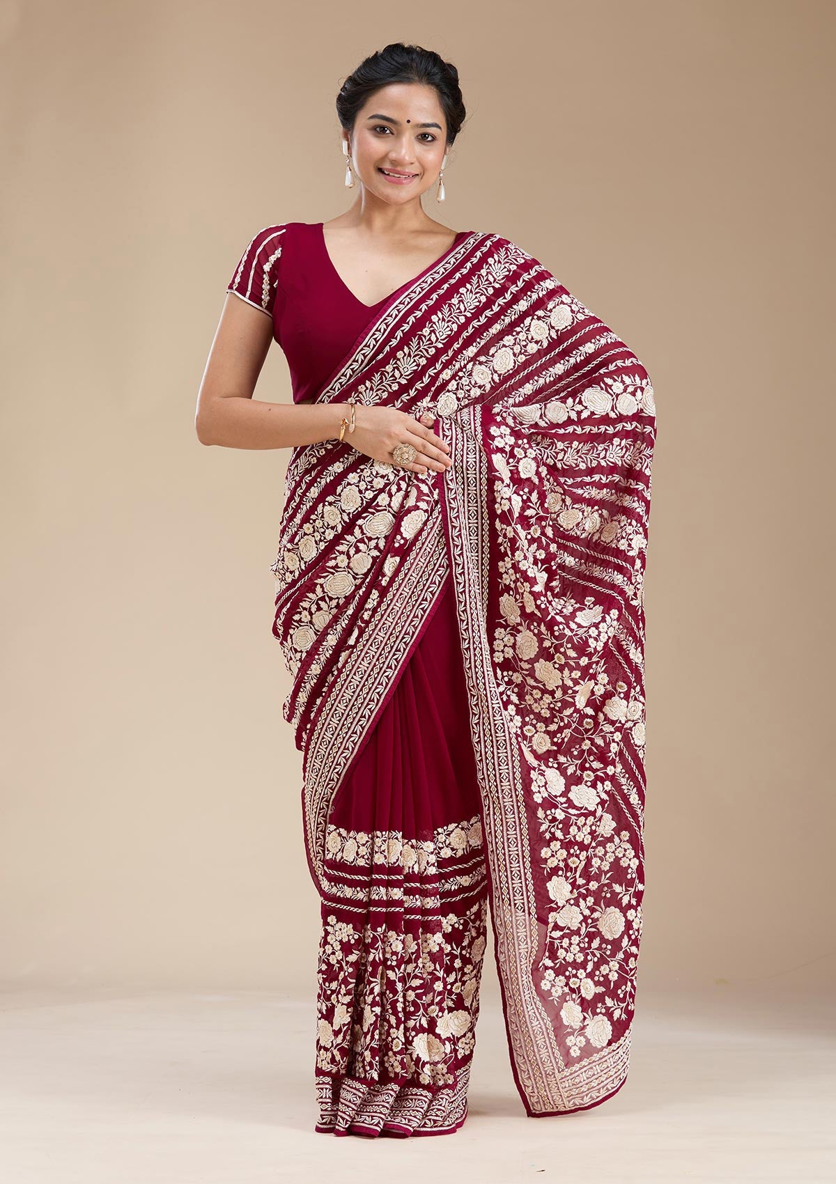 Wine Threadwork Georgette Saree-koskii