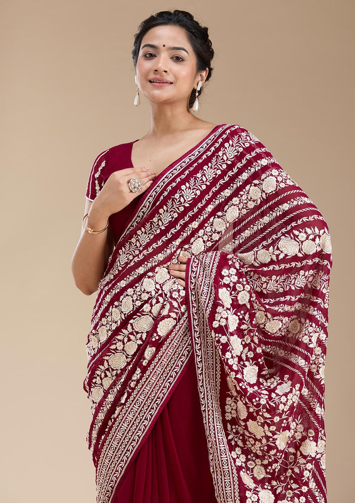 Wine Threadwork Georgette Saree-koskii