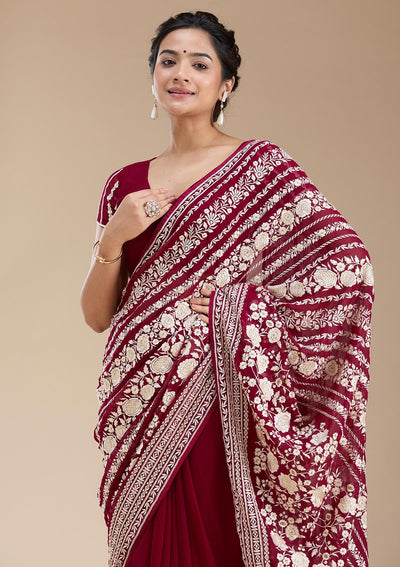 Wine Threadwork Georgette Saree-koskii