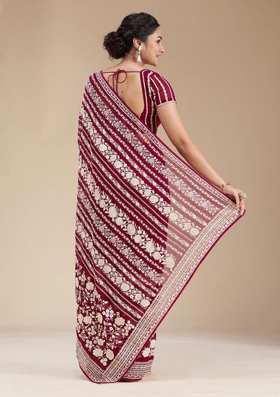 Wine Threadwork Georgette Saree-koskii