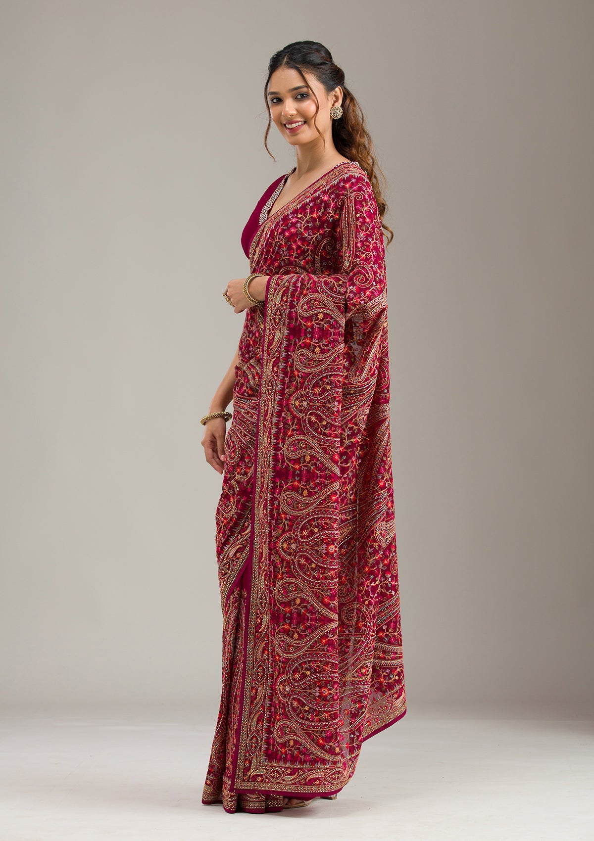 Onion Pink Zariwork (Gold) Chanderi Unstitched Salwar Suit-koskii