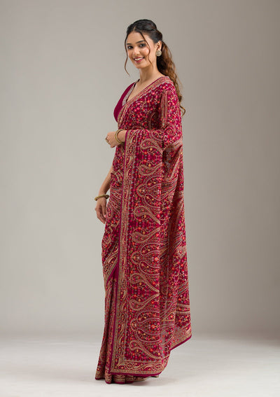 Onion Pink Zariwork (Gold) Chanderi Unstitched Salwar Suit-koskii