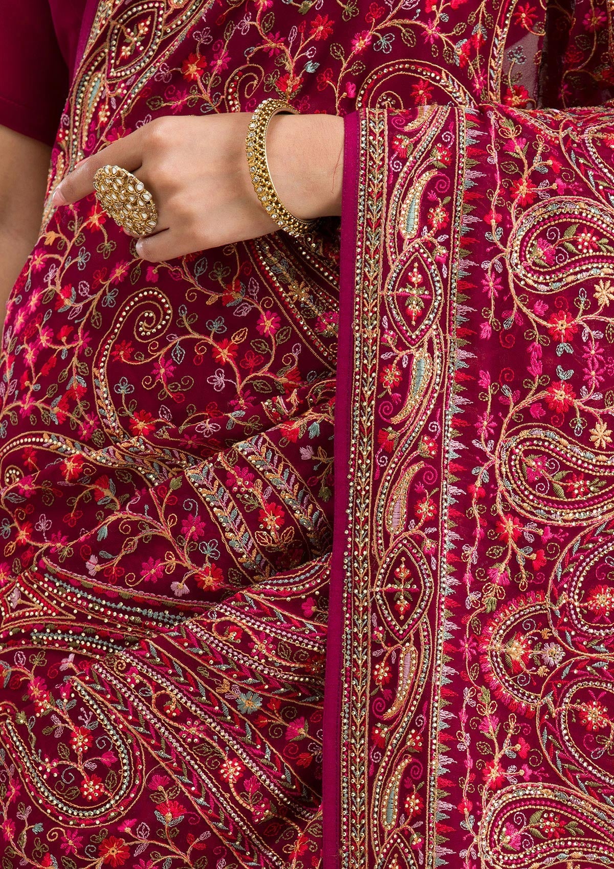 Onion Pink Zariwork (Gold) Chanderi Unstitched Salwar Suit-koskii