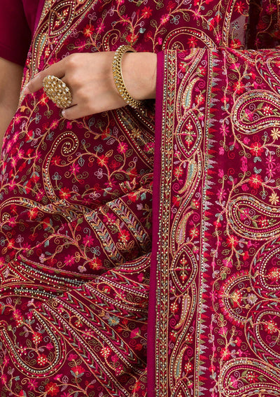 Onion Pink Zariwork (Gold) Chanderi Unstitched Salwar Suit-koskii