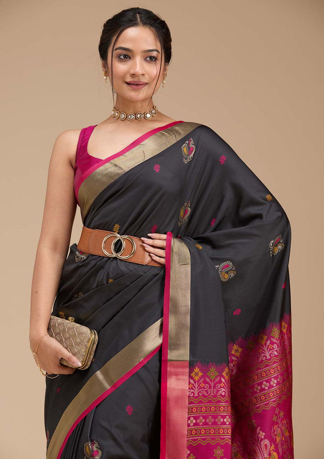 Black Printed Art Silk Silk Saree-koskii