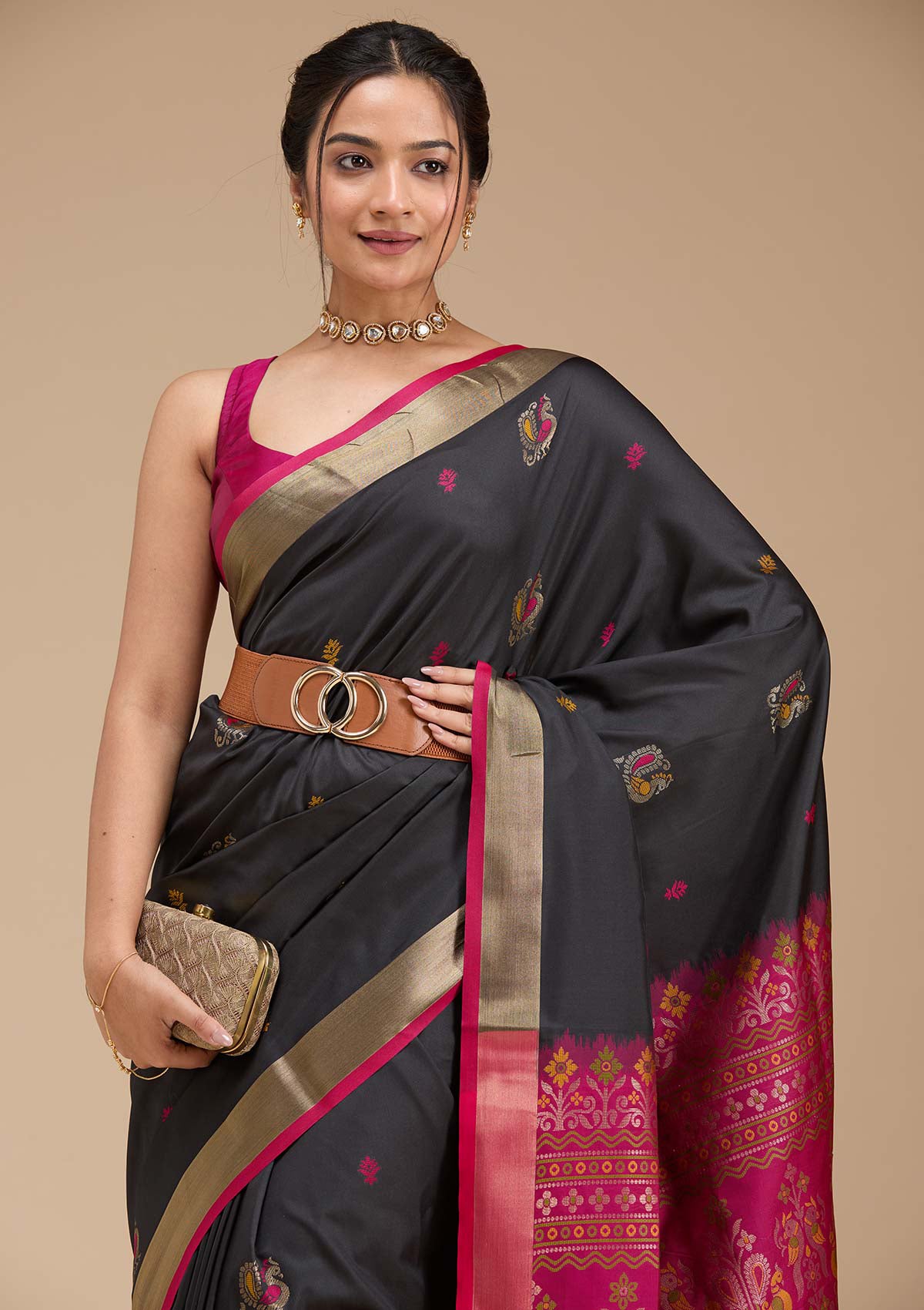 Black Printed Art Silk Silk Saree-koskii