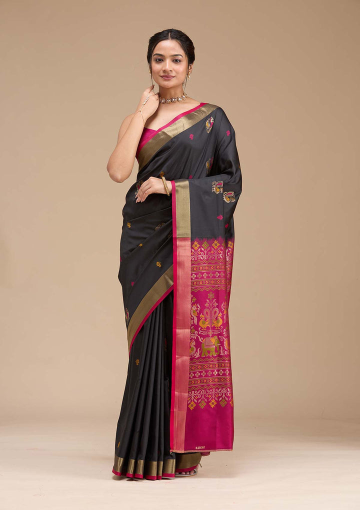 Black Printed Art Silk Silk Saree-koskii