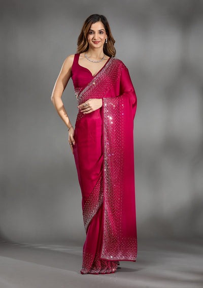 Rani Pink Stonework Chiffon Saree-Koskii