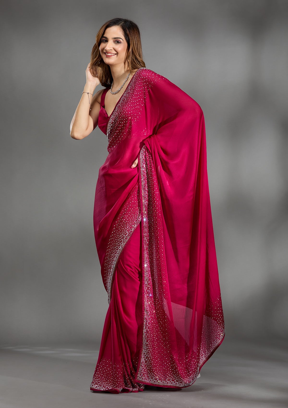 Rani Pink Stonework Chiffon Saree-Koskii