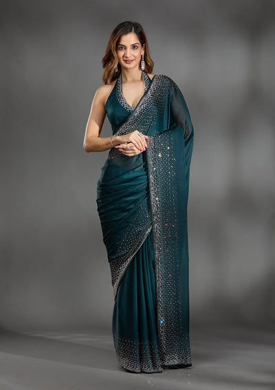 Teal Green Stonework Chiffon Saree-Koskii