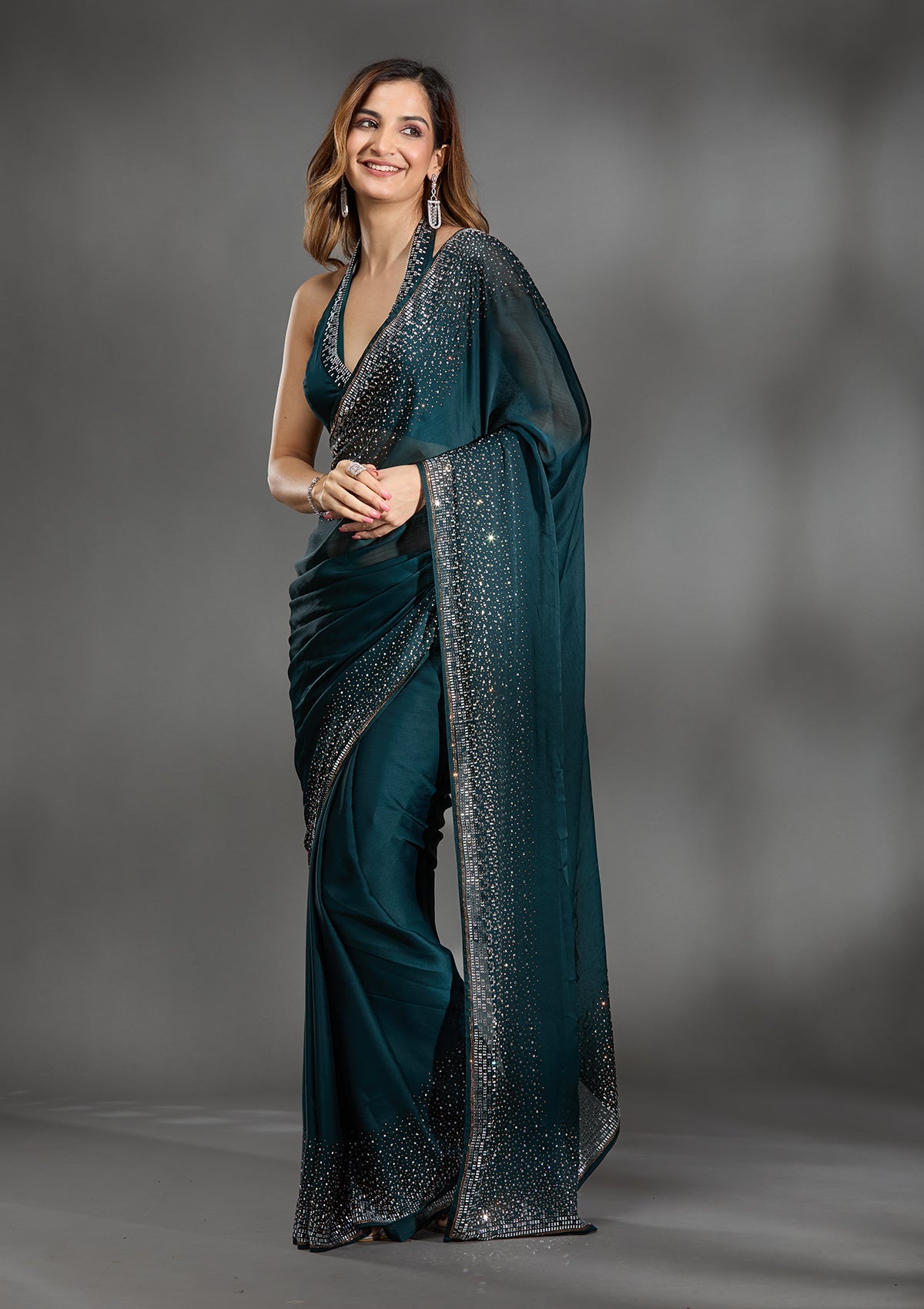 Teal Green Stonework Chiffon Saree-Koskii